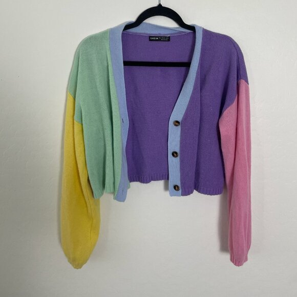 ⭐️Colorblock Button Up Rainbow Cardigan Hipster Boho Hippie Artsy Trendy Sweater - Picture 2 of 6